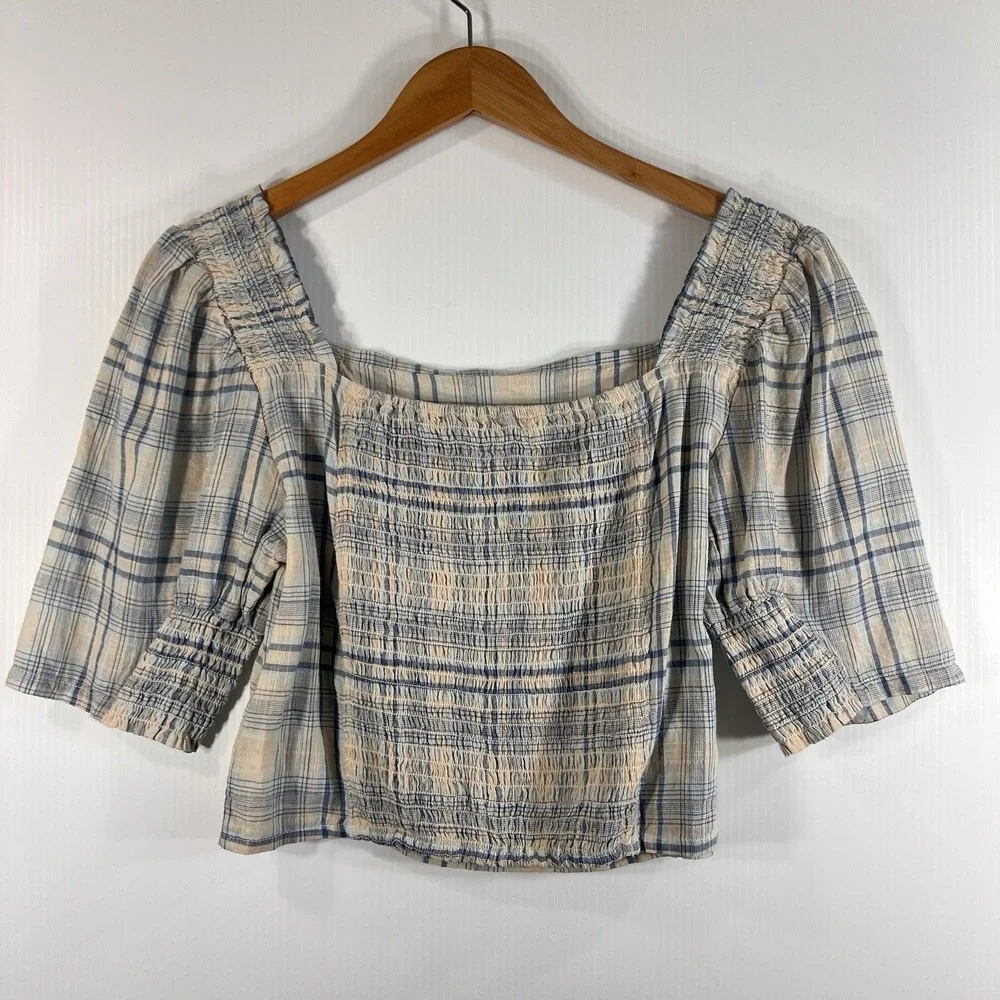 Oak + Fort Plaid Cropped Top Size M Cotton Puff Sleeve Blue Summer Western *READ